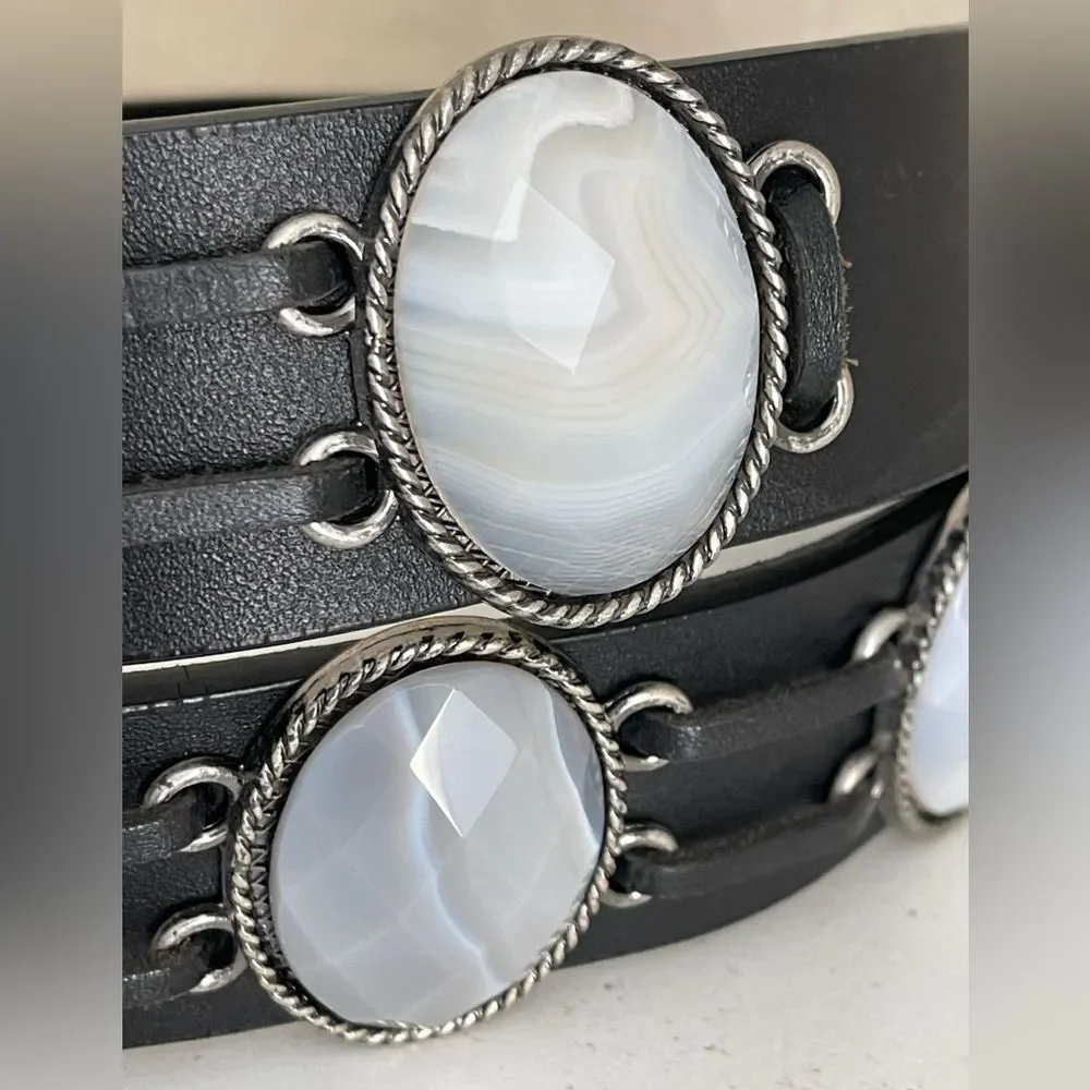 Vintage Leatherock Black Leather Belt with Silver gray stone Accents